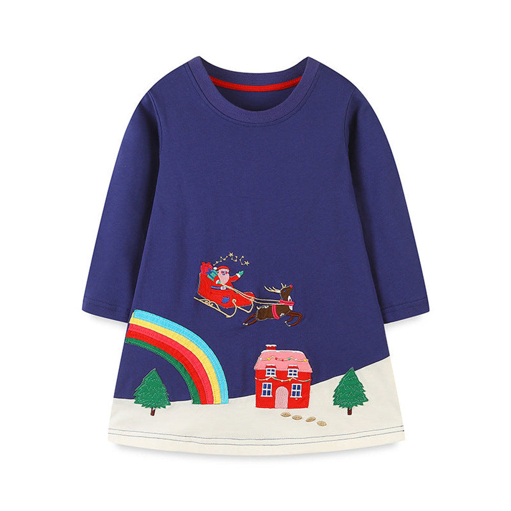 MyKids-USA® Girls’ Navy Blue Christmas Cartoon Pattern Embroidery Dress