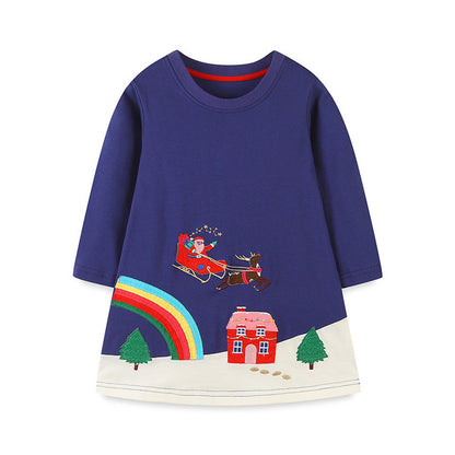 MyKids-USA® Girls’ Navy Blue Christmas Cartoon Pattern Embroidery Dress