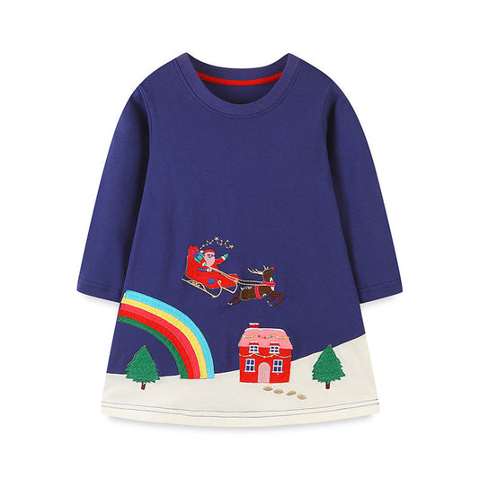 Girls’ Navy Blue Christmas Cartoon Pattern Embroidery Dress