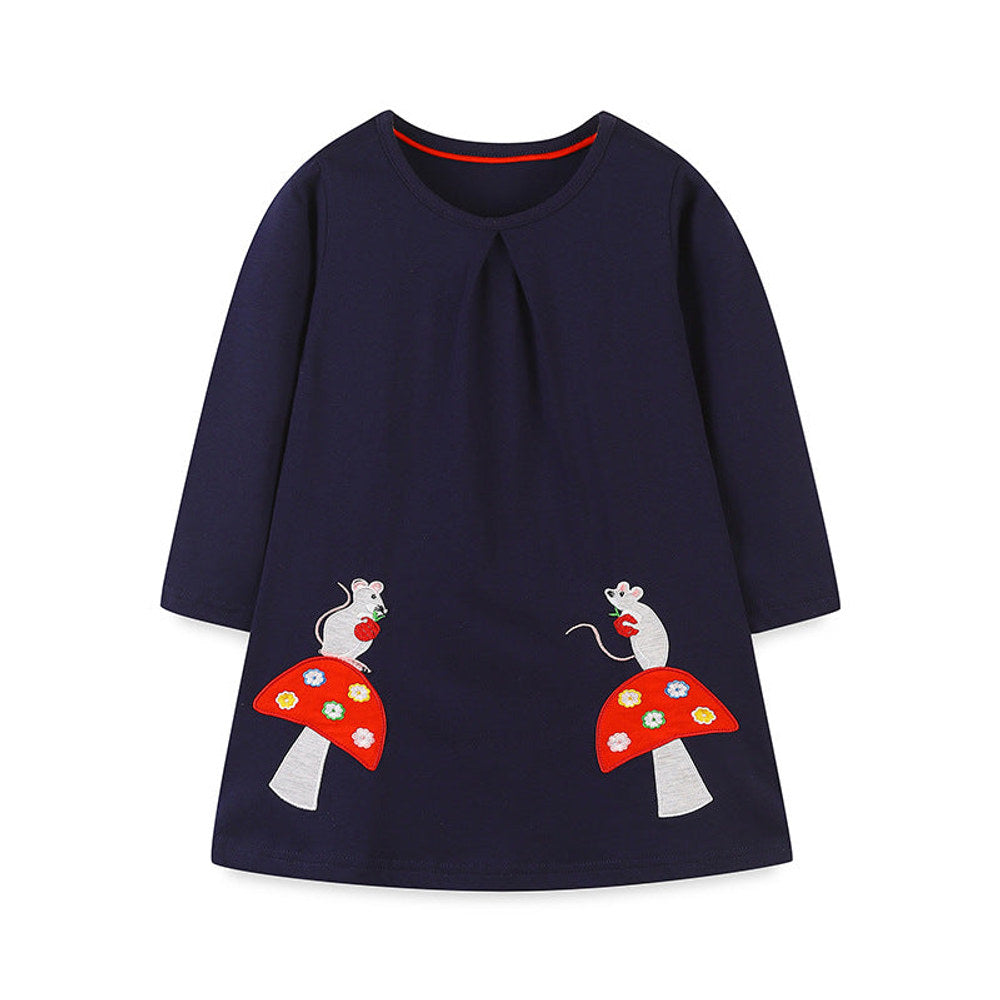MyKids-USA® Girls’ Cartoon Pattern Embroidery Crew Neck Dress