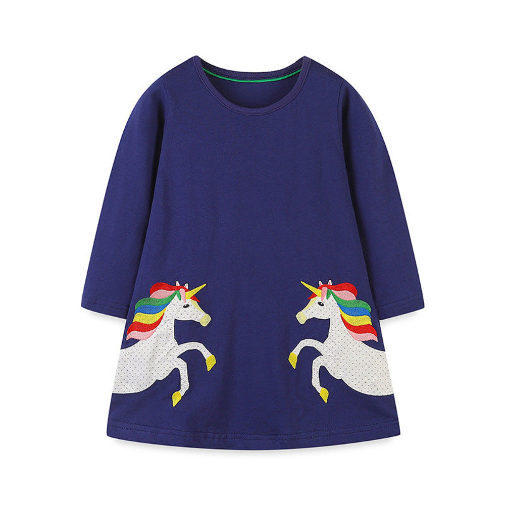 MyKids-USA® Girls’ Cartoon Pattern Embroidery Crew Neck Dress