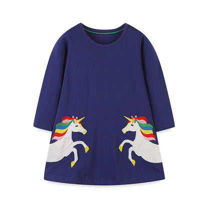 MyKids-USA® Girls’ Cartoon Pattern Embroidery Crew Neck Dress