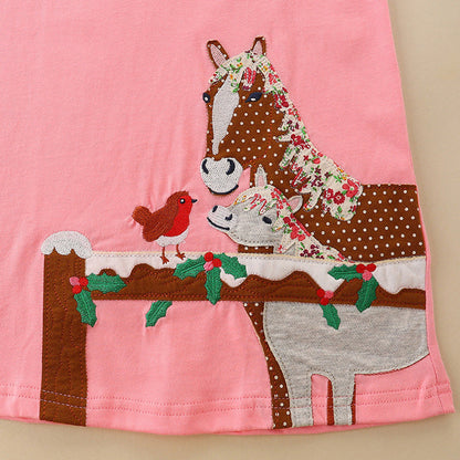 MyKids-USA® Girls’ Cartoon Pattern Embroidery Crew Neck Dress
