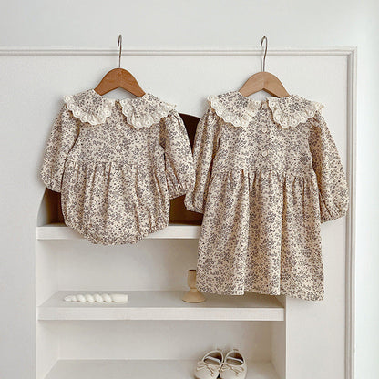 MyKids-USA® Adorable Baby Lace Collar Romper And Floral Print Girls’ Dress – Princess Sister Matching Set