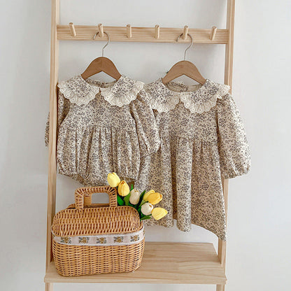 MyKids-USA® Adorable Baby Lace Collar Romper And Floral Print Girls’ Dress – Princess Sister Matching Set