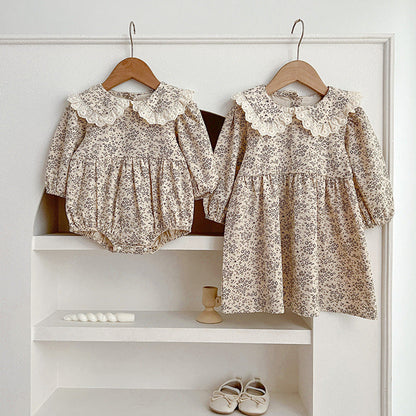 MyKids-USA® Adorable Baby Lace Collar Romper And Floral Print Girls’ Dress – Princess Sister Matching Set