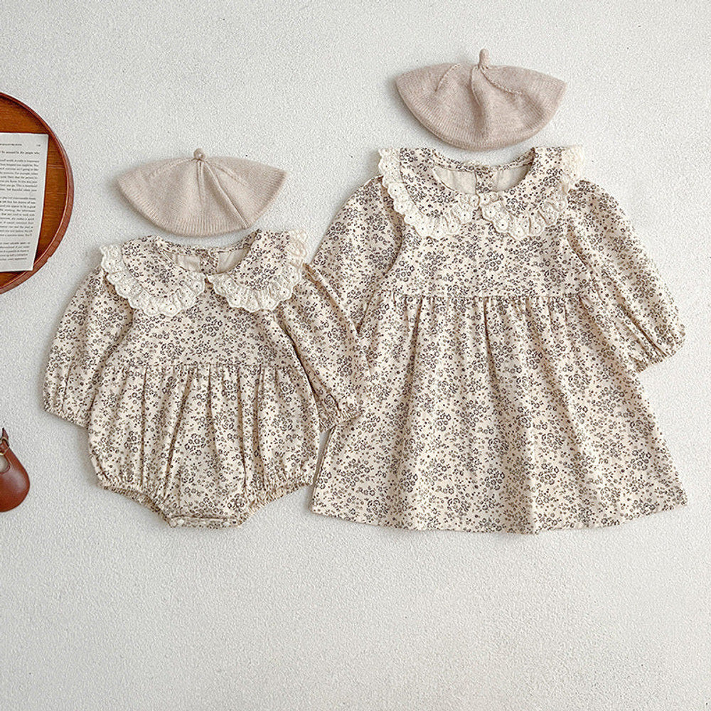 MyKids-USA® Adorable Baby Lace Collar Romper And Floral Print Girls’ Dress – Princess Sister Matching Set