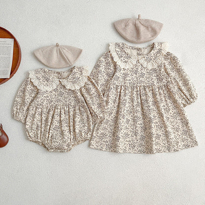 MyKids-USA® Adorable Baby Lace Collar Romper And Floral Print Girls’ Dress – Princess Sister Matching Set