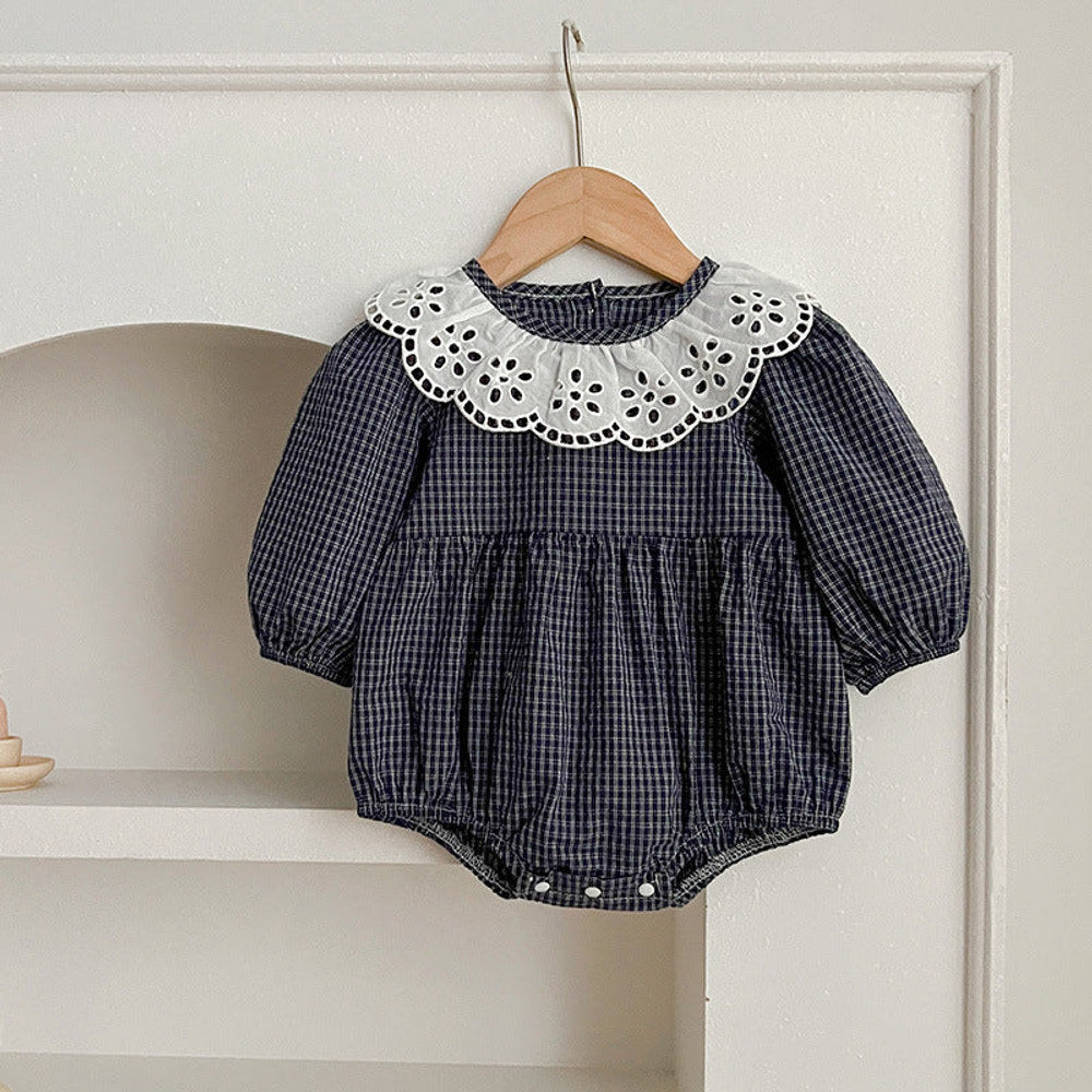 MyKids-USA® Lace Collar Grid Pattern Long Sleeve Bodysuit OR Dress For Toddler