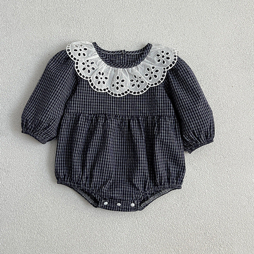 MyKids-USA® Lace Collar Grid Pattern Long Sleeve Bodysuit OR Dress For Toddler