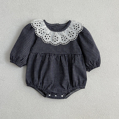 MyKids-USA® Lace Collar Grid Pattern Long Sleeve Bodysuit OR Dress For Toddler