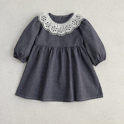 MyKids-USA® Lace Collar Grid Pattern Long Sleeve Bodysuit OR Dress For Toddler