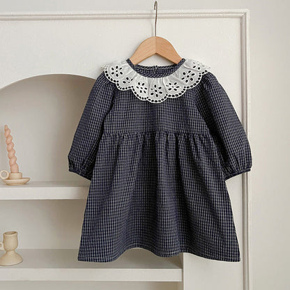 MyKids-USA® Lace Collar Grid Pattern Long Sleeve Bodysuit OR Dress For Toddler
