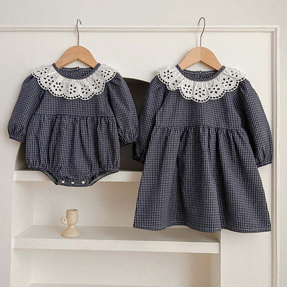 MyKids-USA® Lace Collar Grid Pattern Long Sleeve Bodysuit OR Dress For Toddler