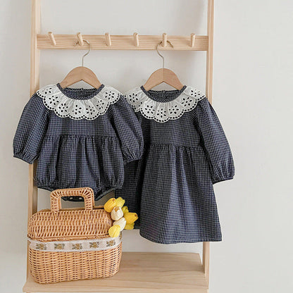 MyKids-USA® Lace Collar Grid Pattern Long Sleeve Bodysuit OR Dress For Toddler