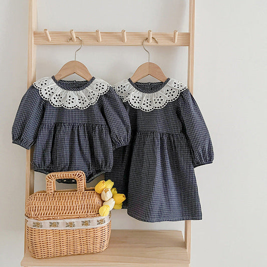 MyKids-USA® Lace Collar Grid Pattern Long Sleeve Bodysuit OR Dress For Toddler