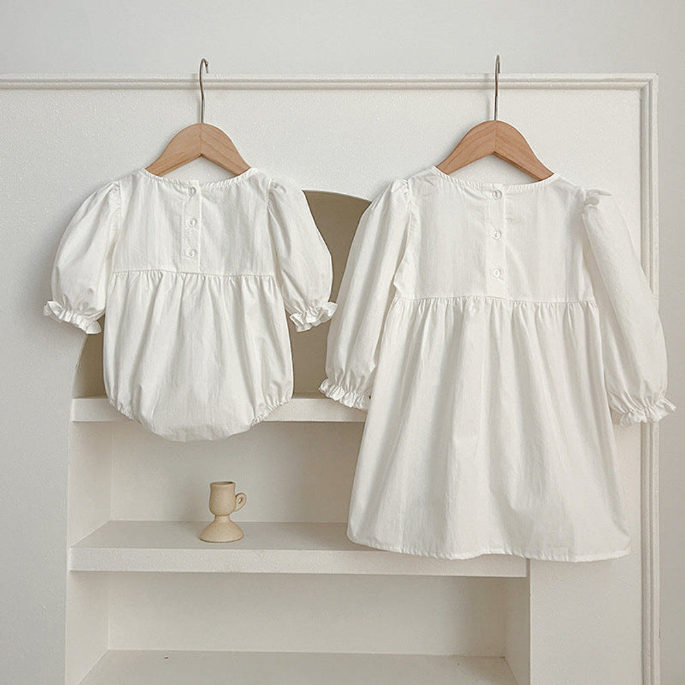 MyKids-USA® Baby bodysuit or Dress For Girls With White Lace Trim – Princess Sister Matching