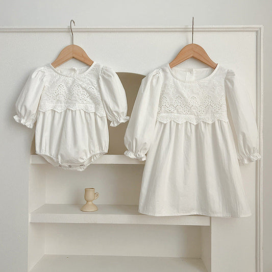 MyKids-USA® Baby bodysuit And Dress For Girls With White Lace Trim – Princess Sister Matching Set