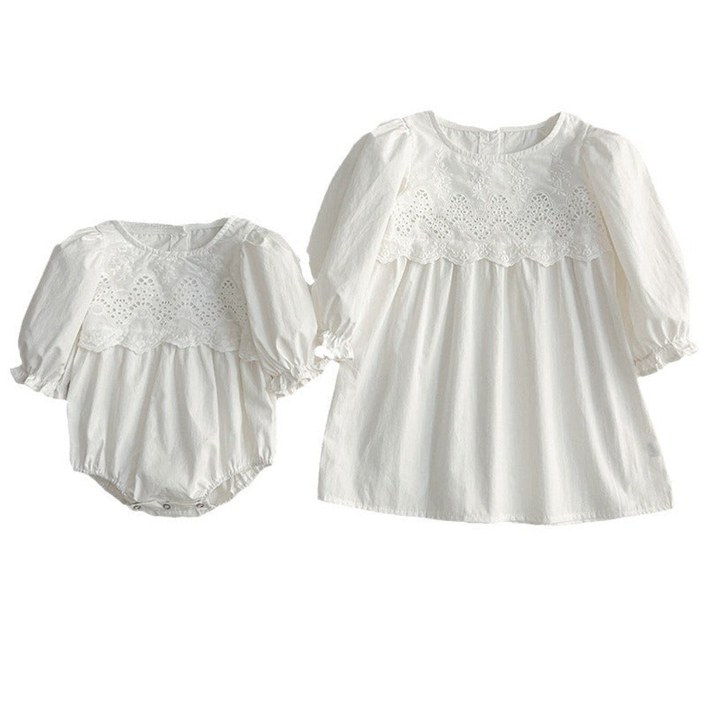 MyKids-USA® Baby bodysuit or Dress For Girls With White Lace Trim – Princess Sister Matching