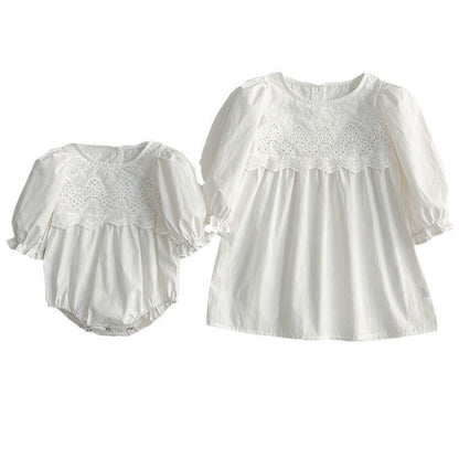 MyKids-USA® Baby bodysuit or Dress For Girls With White Lace Trim – Princess Sister Matching
