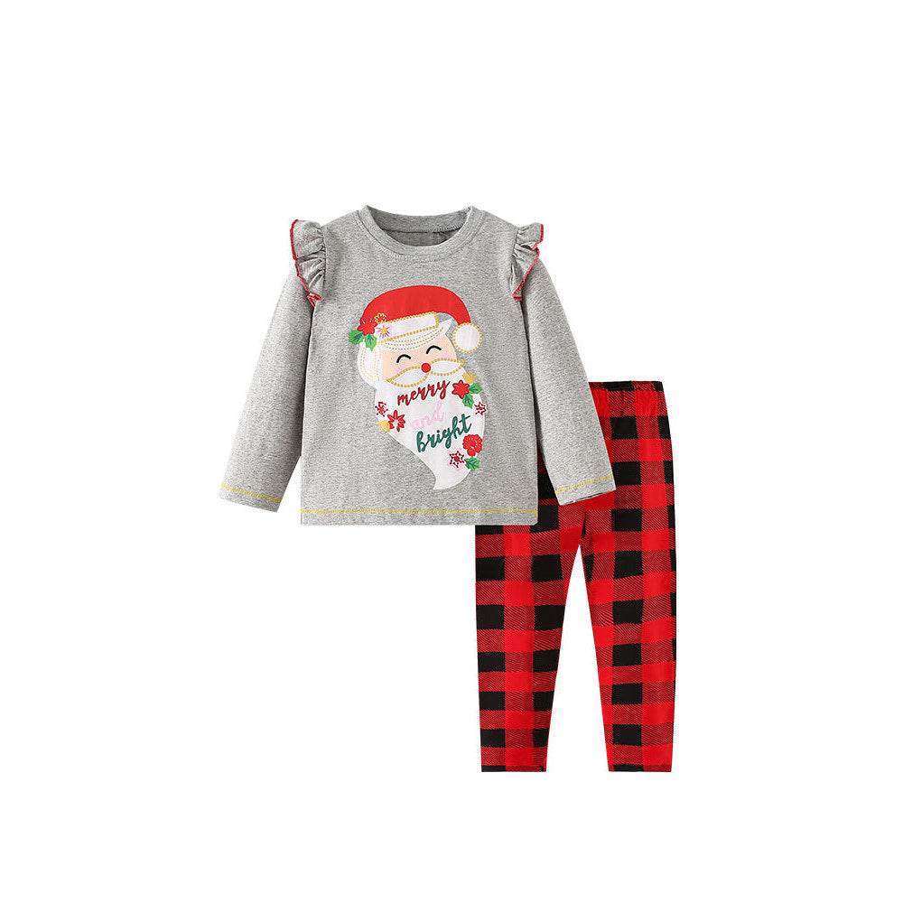 MyKids-USA® Girls Christmas Cartoon Collection Printing Design Top And Plaid Pants Set