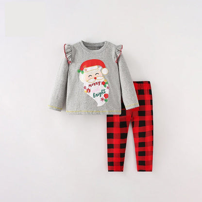 MyKids-USA® Girls Christmas Cartoon Collection Printing Design Top And Plaid Pants Set