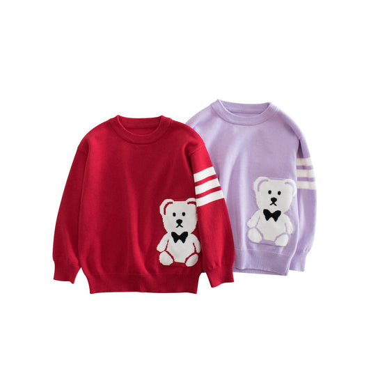 MyKids-USA® Baby Boys And Girls Kids Cute Teddy Bear Cartoon Long Striped Sleeve Knitwear Pullover