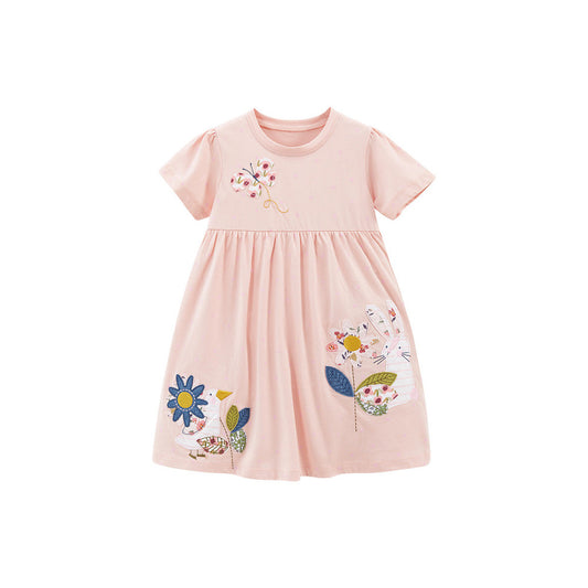 MyKids-USA® Spring And Summer Baby Girls Short Sleeves Flowers And Animals Collection Dress
