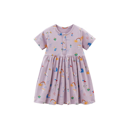 MyKids-USA® Baby Girls Short Sleeves Rainbow Animals Floral Cartoon Print Dress