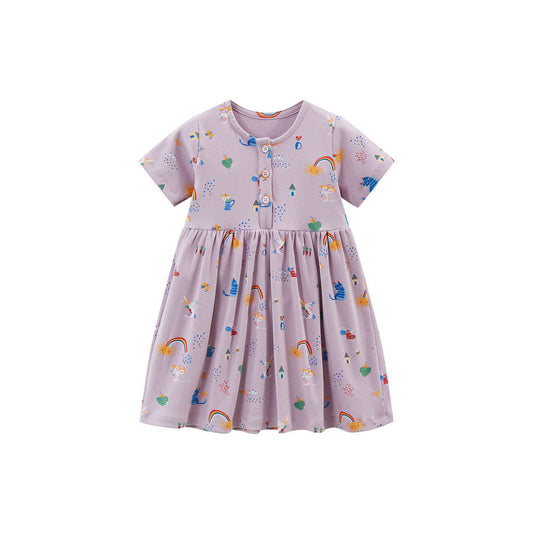 MyKids-USA® Spring And Summer Baby Girls Short Sleeves Rainbow Animals Floral Cartoon Print Dress