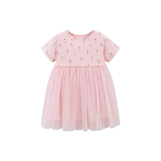 MyKids-USA® Spring And Summer Baby Girls Short Sleeves Dancers Cartoon Pattern Chiffon Dress