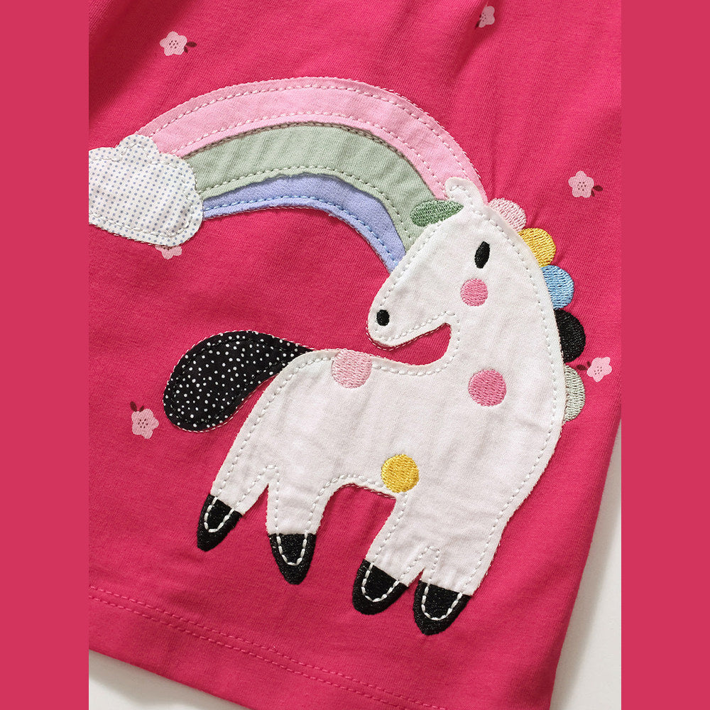 MyKids-USA® Baby Girls Short Sleeves Rainbow Horse Floral Cartoon Dress