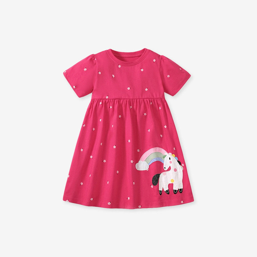 MyKids-USA® Baby Girls Short Sleeves Rainbow Horse Floral Cartoon Dress