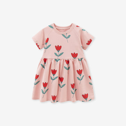 MyKids-USA® Spring And Summer Baby Girls Pink Short Sleeves Flowers Collection Dress
