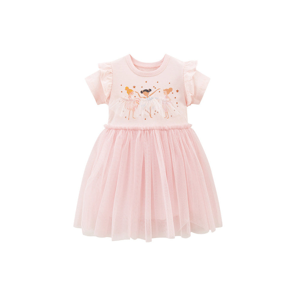 MyKids-USA® Baby Girls Short Sleeves Dancers Cartoon Pattern Chiffon Dress