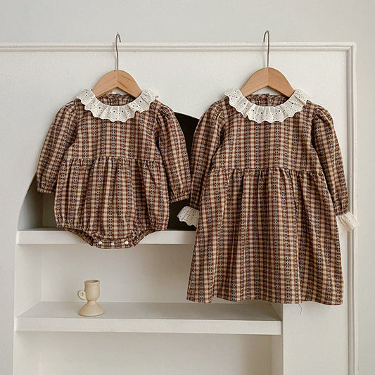 MyKids-USA® New Baby Vintage Plaid bodysuit And Dress For Girls With Long Sleeves – Family Sister Matching Set