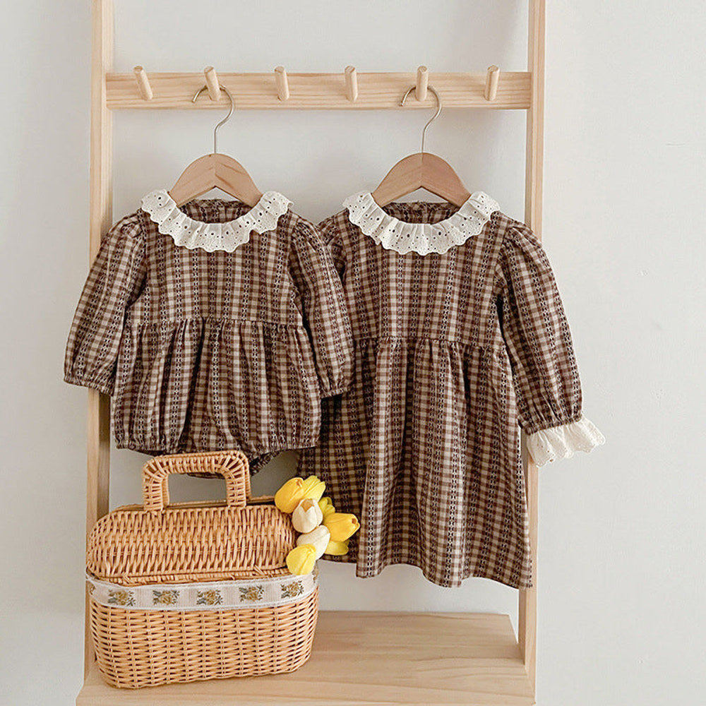 MyKids-USA® New Baby Vintage Plaid bodysuit And Dress For Girls With Long Sleeves – Family Sister Matching Set
