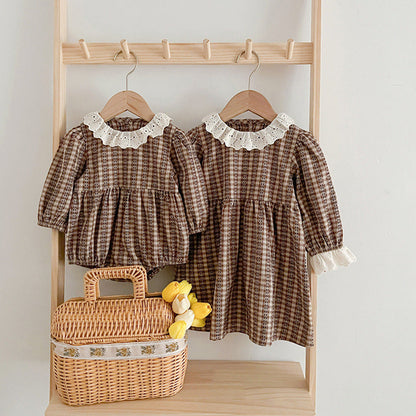 MyKids-USA® New Baby Vintage Plaid bodysuit And Dress For Girls With Long Sleeves – Family Sister Matching Set