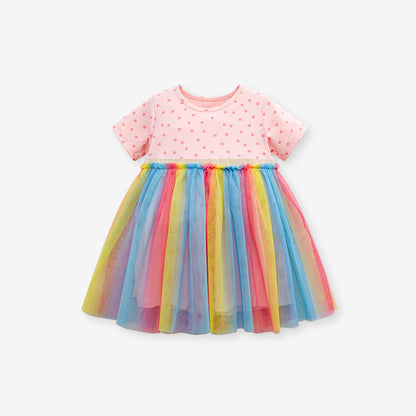MyKids-USA® Baby Girls Short Sleeves Polka Dots Rainbow Chiffon Dress
