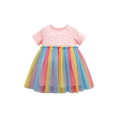MyKids-USA® Baby Girls Short Sleeves Polka Dots Rainbow Chiffon Dress