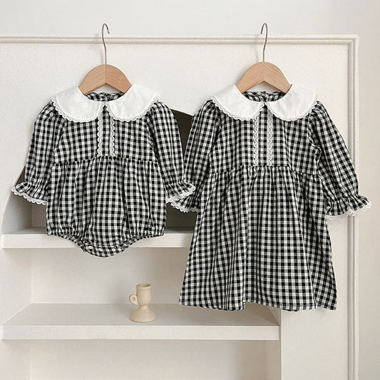 MyKids-USA® Baby Black Plaid bodysuit And Dress For Girls With Long Sleeves – Family Sister Matching Set