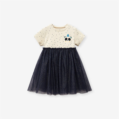 MyKids-USA® Baby Girls Short Sleeves Panda Cartoon Polka Dots Chiffon Dress