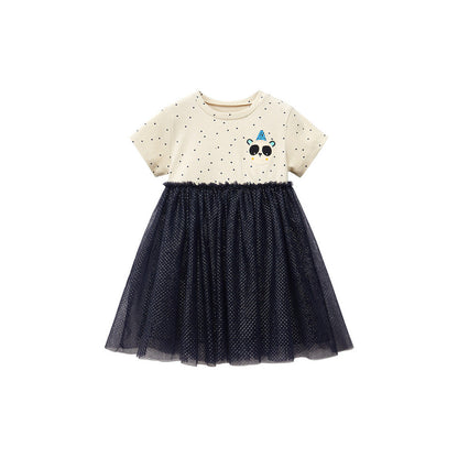 MyKids-USA® Baby Girls Short Sleeves Panda Cartoon Polka Dots Chiffon Dress