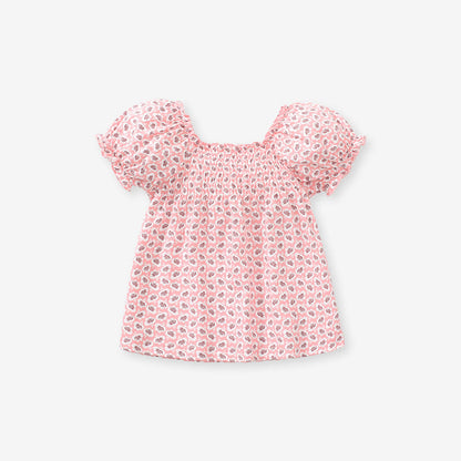 MyKids-USA® Pink Baby Girl Allover Floral Graphic Puff Sleeve Square Neck Cotton T-Shirt