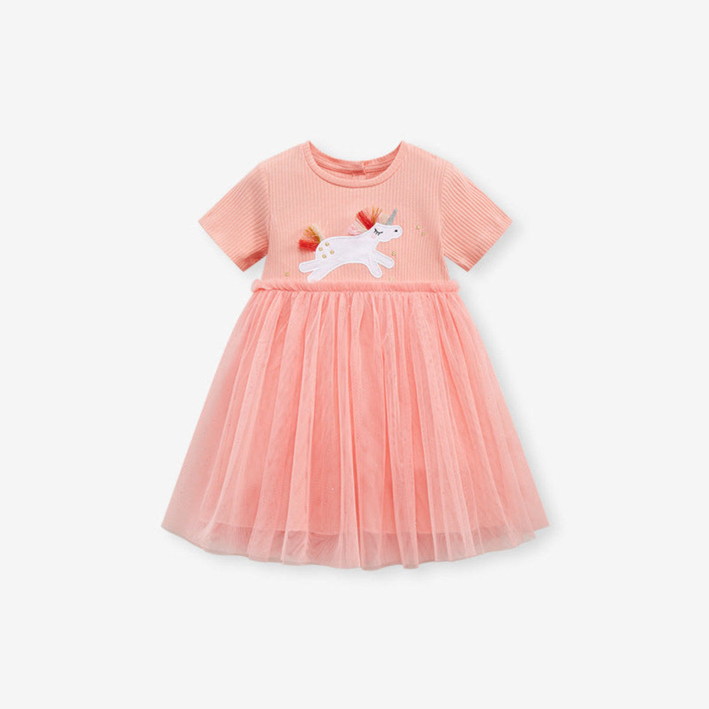 MyKids-USA® Baby Girls Short Sleeves Unicorn Cartoon Chiffon Dress
