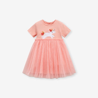 MyKids-USA® Baby Girls Short Sleeves Unicorn Cartoon Chiffon Dress