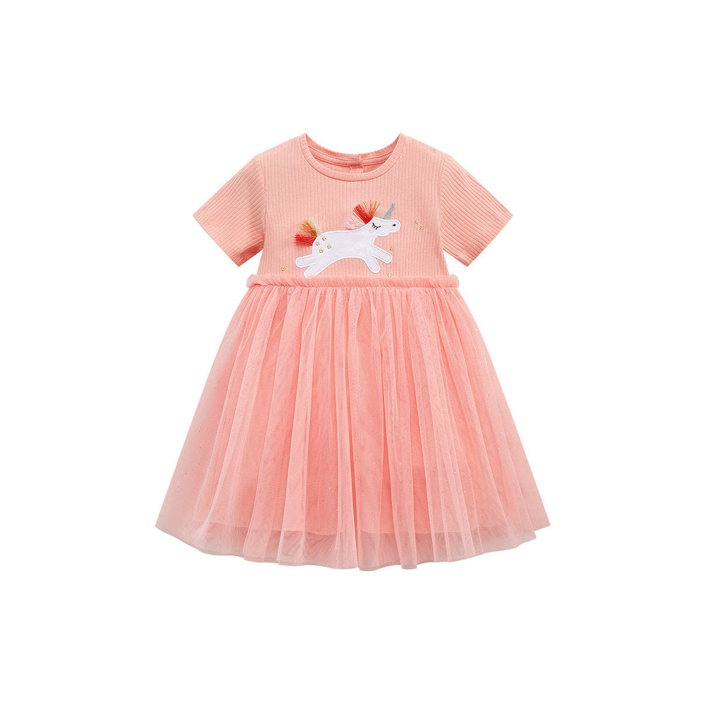 MyKids-USA® Baby Girls Short Sleeves Unicorn Cartoon Chiffon Dress