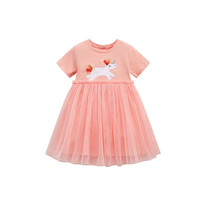 MyKids-USA® Baby Girls Short Sleeves Unicorn Cartoon Chiffon Dress