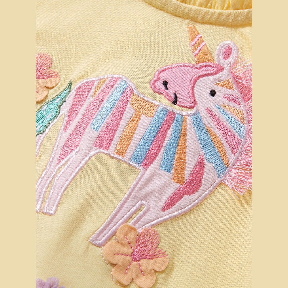 MyKids-USA® Baby Girls Short Sleeves Floral Unicorn Cartoon Chiffon Dress