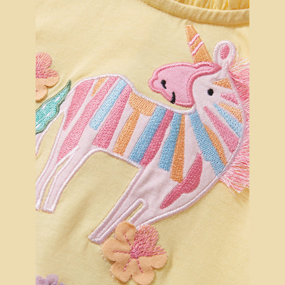 MyKids-USA® Baby Girls Short Sleeves Floral Unicorn Cartoon Chiffon Dress